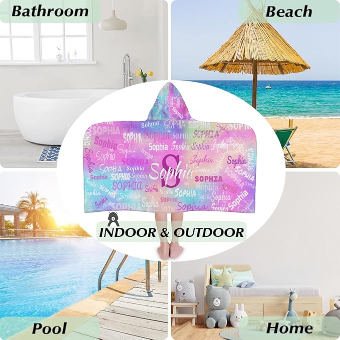 Custom Name Hooded Towels Bath Towels for Kids Toddler Infant Absorbent Bath Shower Gifts for Boy and Girl 24 x 50 Inch, Colorful Pink Blue Watercolor