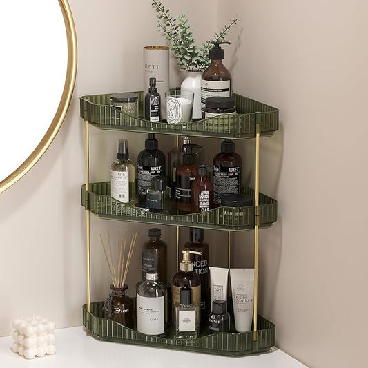 Lifewit 3-Tier Corner Bathroom Counter Organizer, Plastic Makeup Skincare Organizers Storage Countertop, Large Sink Cosmetic Perfume Shelf for Bedroom, Dresser, Kitchen, Vanity, Green, 39 cm/15inch(H)