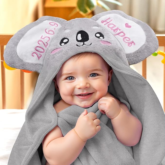 Baosity Custom Hooded Baby Towel with Name, Personalized Soft Absorbent Koala Bath Towel, Shower Towels for Girls Boys, Easter Brithday for Kids Baby, Toddler, Newborn Essential