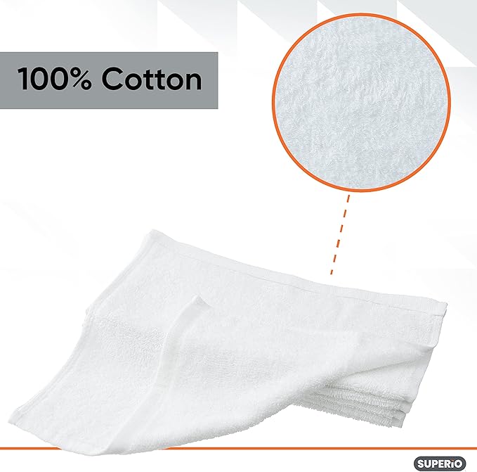 Superio Terry Cloth Rags White Washcloths 100% Cotton 12" Cleaning Cloths, Kitchen Towels, Facial Washcloth, Spa Cloths, Hand Towel, Small Lint Free Rags for Multi-Purposes, 72 Pack