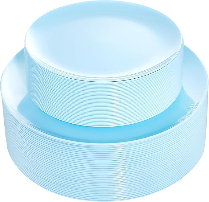 KIRE 60PCS Blue Plastic Plates Disposable - Heavy Duty Light Blue Plates Include 30Pcs 10.25” Dinner Plates and 30Pcs 7.5” for Dessert/Salad in Baby Shower/Picnic/Easter/Spring