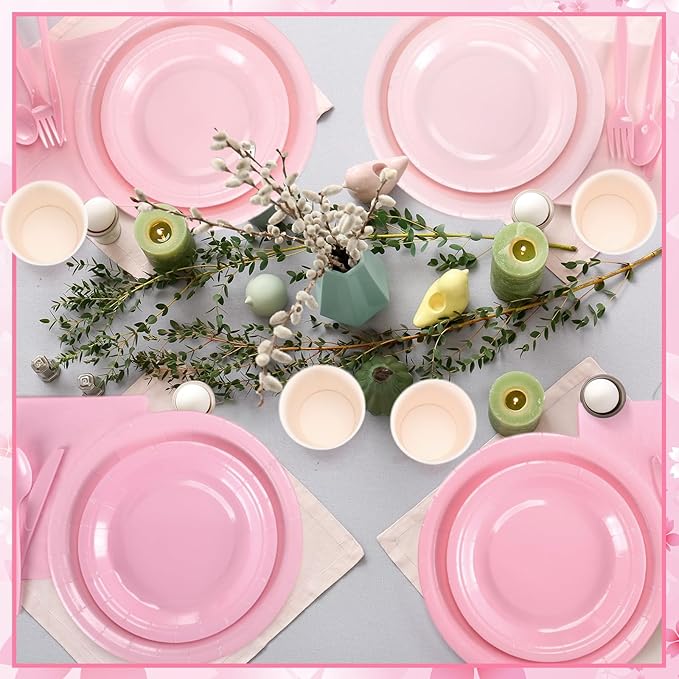 Nuogo 168 Pcs Pink Party Supplies Set Pink Paper Plates Napkins Cups Plastic Spoons Forks Knives Disposable Dinnerware for Birthday Baby Shower Wedding