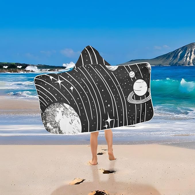 Hooded Towel for Kids Black and White Drawing of The Solar System Beach Wrap Bath Towels 50x23.5in