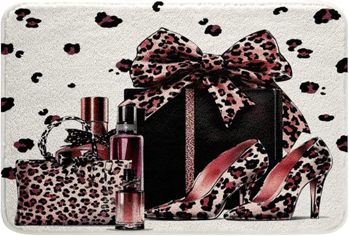 Pink Leopard Bowknot Kids Bath Mats,High-Heeled Shoe Perfume Beauty Mats Rugs for Girls,Cheetah Skin Princess Bath Carpets,Unique Fashion Bath Rugs,Absorbent Floor Mats,16Wx24L Inches