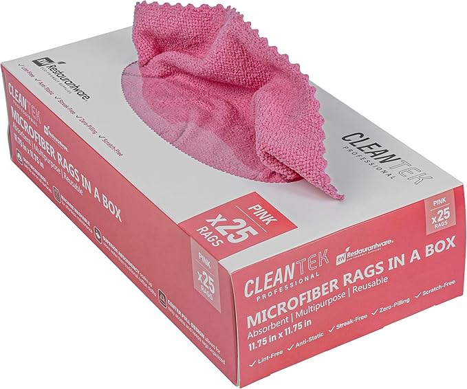 Restaurantware-Clean Tek Professional 11.81 x 11.81 Inch Microfiber Rags In a Box, 25 Absorbent Cleaning Cloths - No-Scratch, Pink Microfiber Reusable Edgeless Cleaning Towels, Leaves No Streak