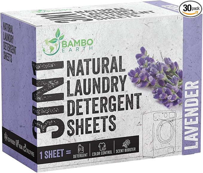 60 Loads Natural Laundry Detergent Sheets - All Natural Biodegradable And Dissolvable Washing Machine Dry Soap Laundry Detergent Strips, Mess Free, Eco Friendly, 30 Sheet Pack (Calm Lavender)