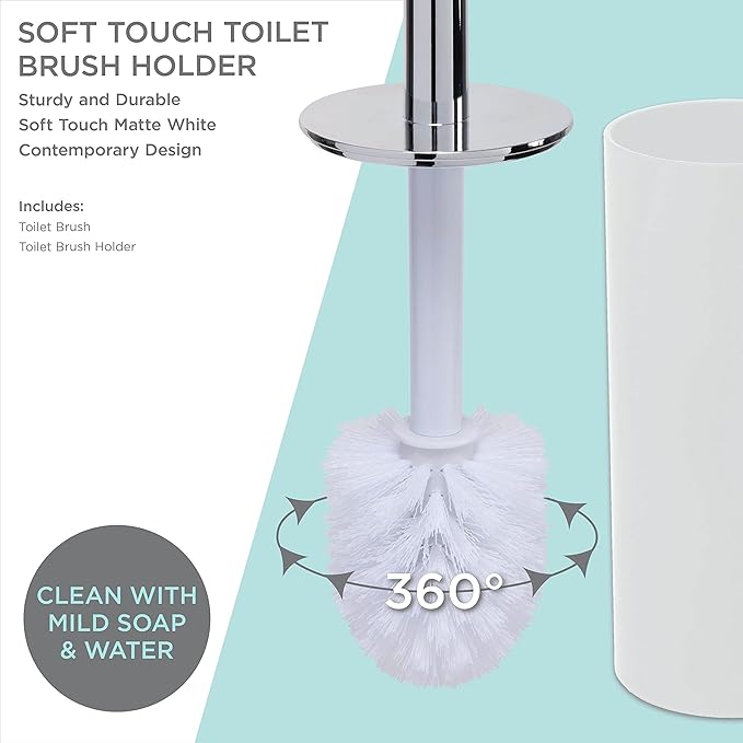 Bath Bliss Soft Touch Toilet Brush and Holder Set | Bathroom Cleaning | Durable 360 Degree Bristle | Discrete Storage | Matte White