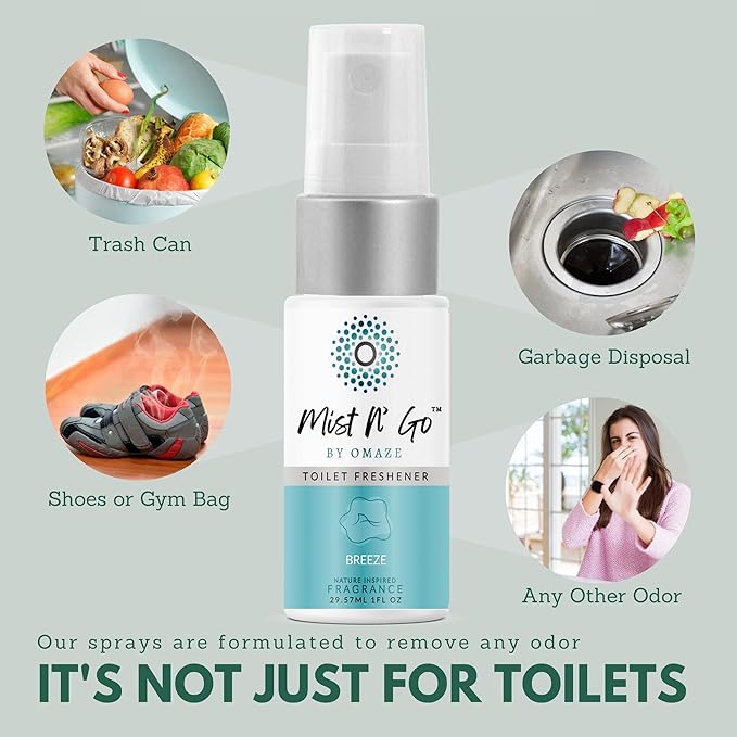 Mist N' Go by Omaze Travel Toilet Spray Odor Eliminator - Toilet Freshener for Bathroom Air Deodorizer - Clean Mix, Travel Size (3x1oz)