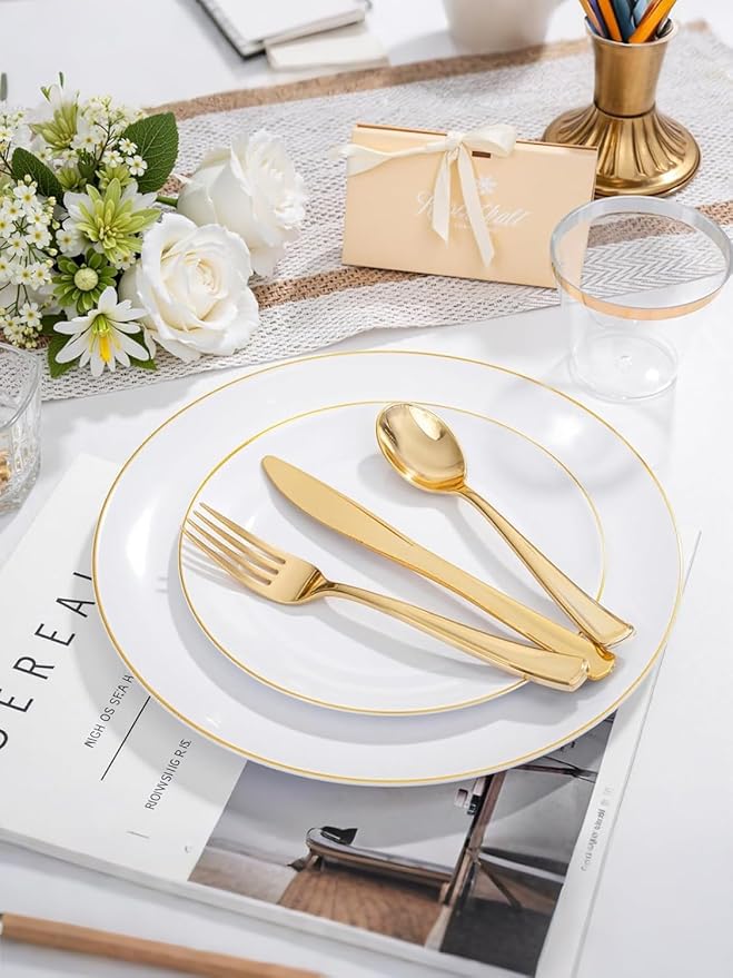 WDF 300Pcs White and Gold Plastic Plates - Gold Plates Disposable - 50 Guest Disposable Dinnerware Include 50 Dinner Plate 50 Dessert Plate 50 Cutlery 50 9oz Cups for Wedding/Birthday/Party