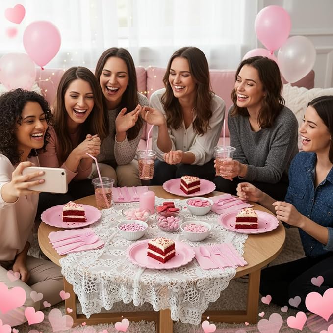 175 Pcs Pink Plates and Napkins, Pink Party Decorations Include Scalloped Birthday Plate Napkins Cups Plastic Cutlery Disposable Dinnerware for Girls Birthday, Wedding, Bridal Baby Shower