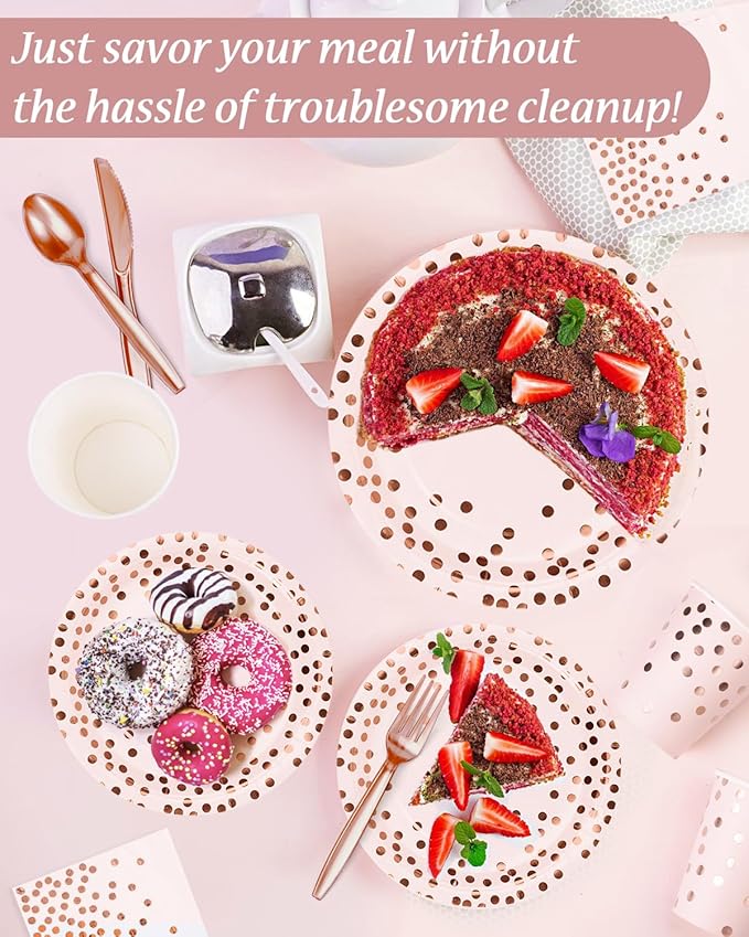 224 Pieces Party Supplies, Pink and Rose Gold Dots Party Plates Cups and Napkins Sets with Plastic Knives forks spoons, Disposable Tableware Serves 32 Sets for Wedding, Birthday, Graduation, Festivals