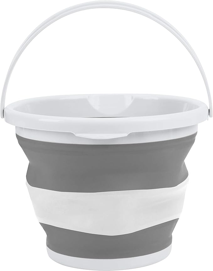 Simplify 10L Collapsible Bucket | Portable | Space Saver | Holds 10 Liters | Great for Cleaning | Boating | Camping Car Washing | Gardening | Cooler | White and Grey