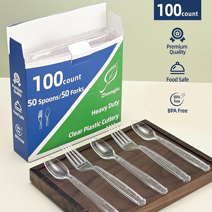 100 Count Plastic Silverware Heavy Duty 50Forks50Spoons | Shatterproof BPA-Free Disposable Cutlery Heat Resistant Disposable Plastic Utensils for Catering & Events, Party Supplies