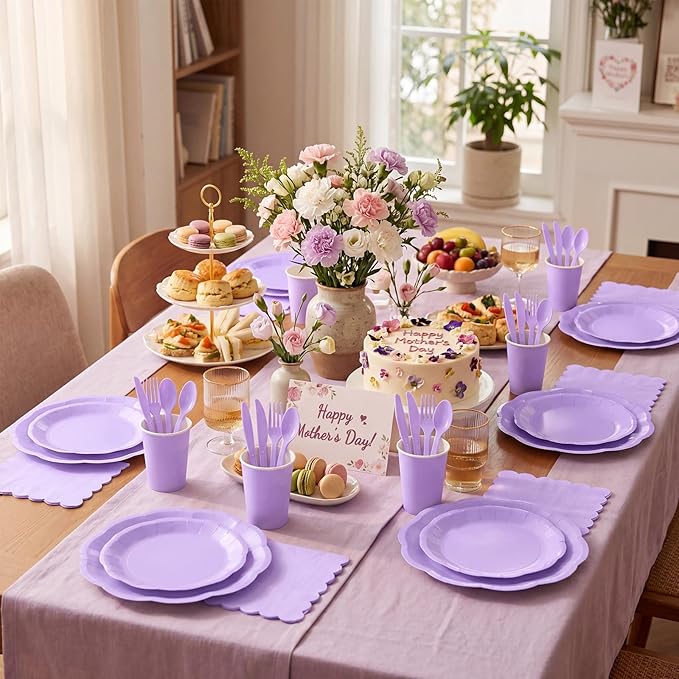 175 Pcs Light Purple Plates and Napkins Set, 25 Guest Purple Party Supplies Include Scalloped Plate Paper Napkin Cup Forks Knives Disposable Plastic Cutlery for Wedding Baby Shower Birthday Party