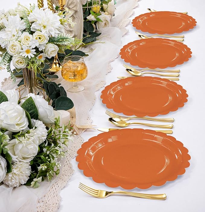 HEIPINIUYE 25 Pieces Orange Paper Plates 7 Inch Fall Orange Scalloped Plates Disposable Dinner Plates for Wedding Baby Shower Birthday Thanksgiving Party Dessert Plates