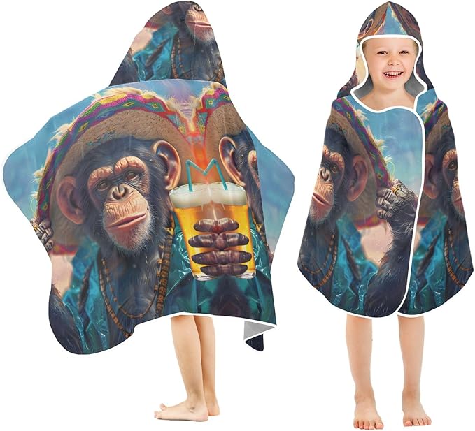 Hooded Towel for Kids Happy Monkey Drinks Beach Wrap Bath Towels 50x23.5in