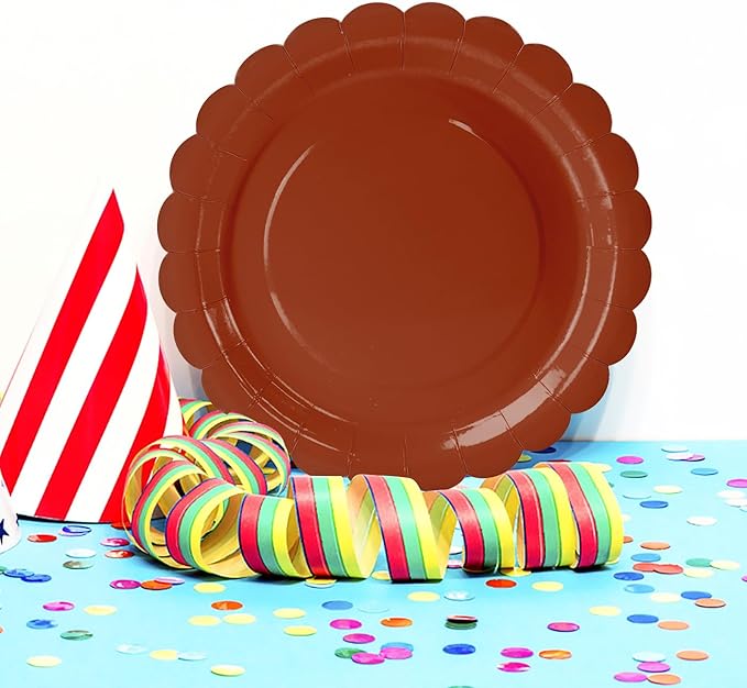 HEIPINIUYE 25 Pieces Brown Paper Plates 7 Inch Brown Scalloped Plates Disposable Dinner Plates for Wedding Baby Shower Birthday Fall Party Dessert Plates