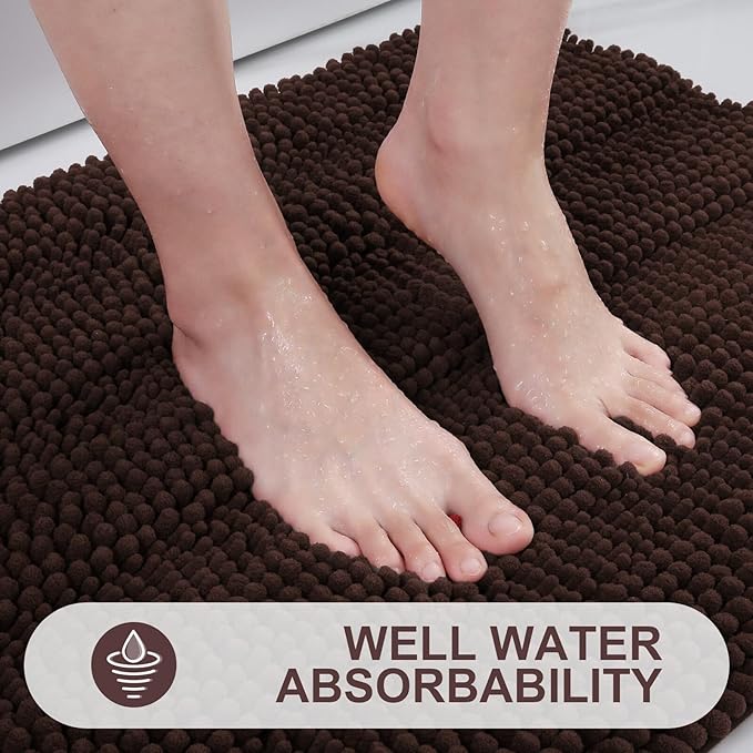 Grandaily Chenille Striped Bathroom Rugs 59x20, Extra Thick and Absorbent Bath Mats, Non-Slip Soft Plush Shaggy Shower Carpet, Machine Wash Dry, Bath Rug for Bathroom, Brown