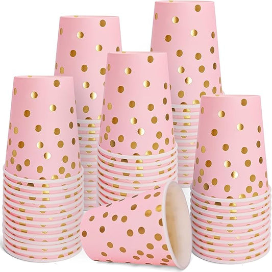 Pink and Gold Paper Cups,9 oz Pink Disposable Cups,Gold Foil Dot Paper Cups for Birthday Wedding Party Supplies(50 Pcs)
