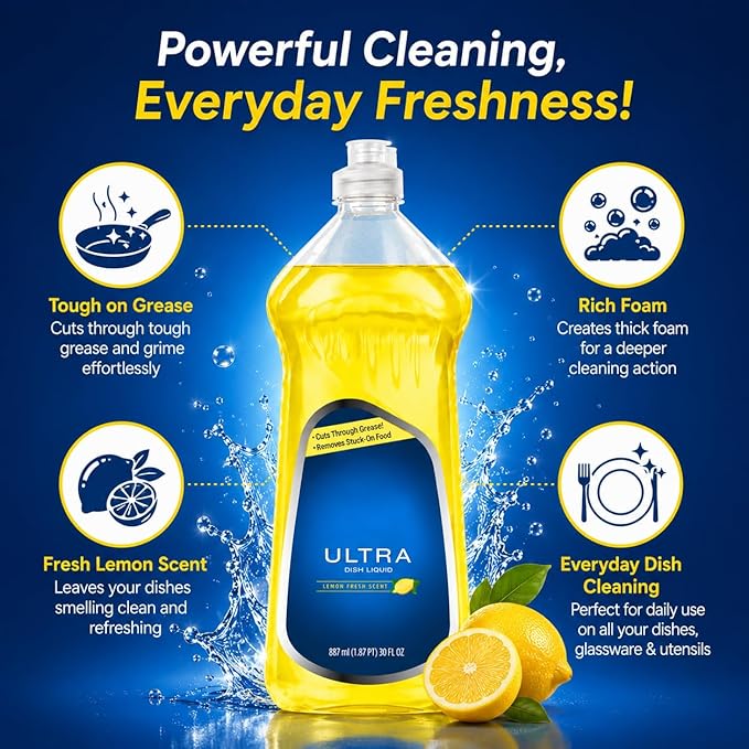 Liquid Dish Soap Lemon Fresh Scent, Large 30 fl oz Dishwashing Liquid with Easy Pour Bottle for Everyday Kitchen Cleaning Use