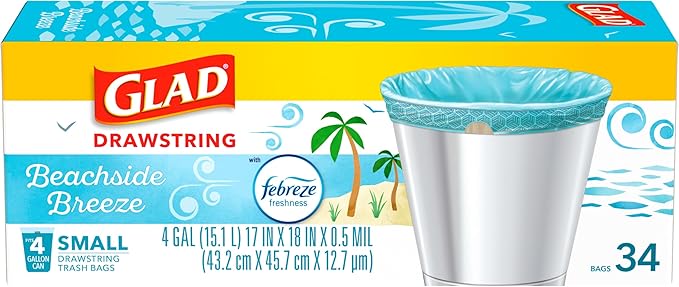 Glad Odorshield Small Drawstring Trash Bags, 4 Gal, Febreze Beachside Breeze, 34 Ct, Pack May Vary (Pack of 2)