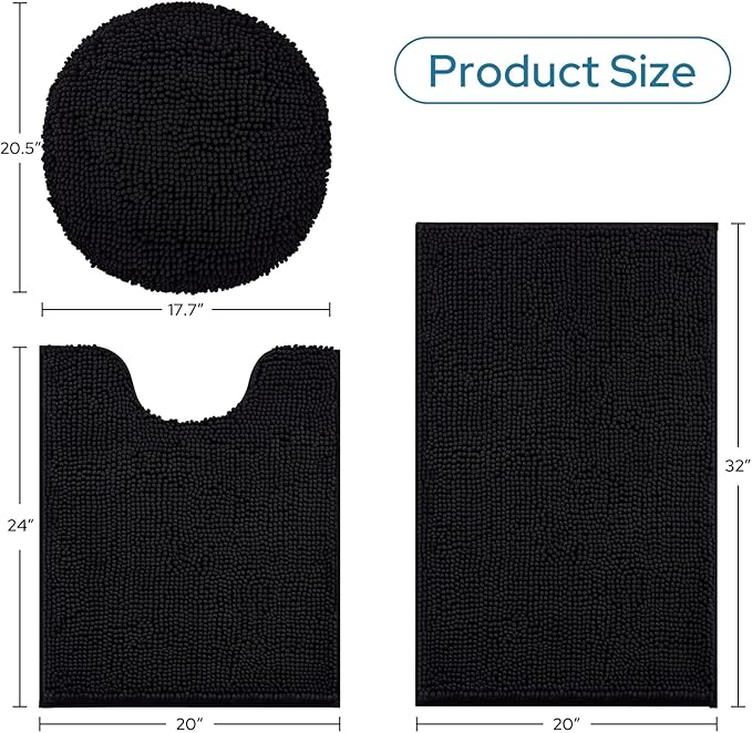BYSURE Black Bathroom Rugs Sets 3 Piece with Toilet Lid Cover Non Slip Extra Absorbent Plush Chenille Soft Washable Bath Mats