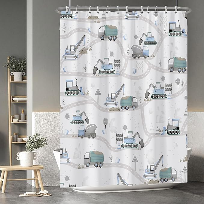 Excavator Kids Shower Curtain Sets Cartoon Construction Truck Tractor Car Bathroom Decor Fabric Polyester Waterproof 72x96 Inches with 12 Hooks for Boys Machinery Vehicle Bath Curtains