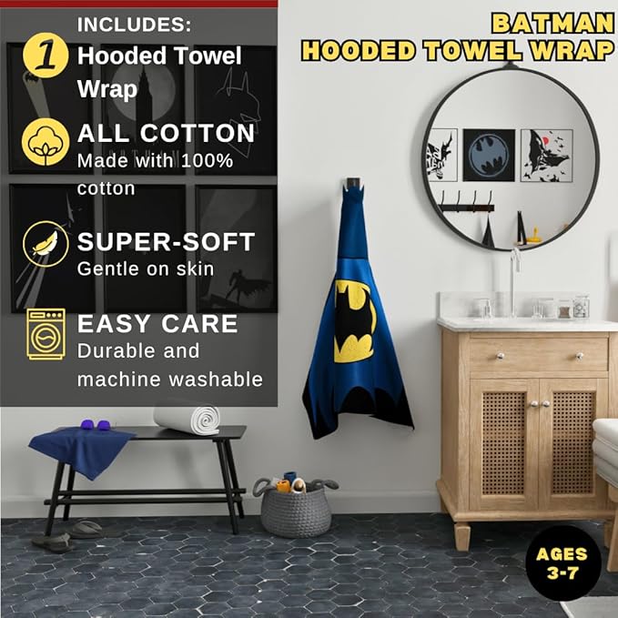 Batman DC Comics Kids Super Soft Bath/Pool/Beach Soft Cotton Terry Hooded Towel Wrap, 24 in x 50 in, (Officially Licensed Product) By Franco
