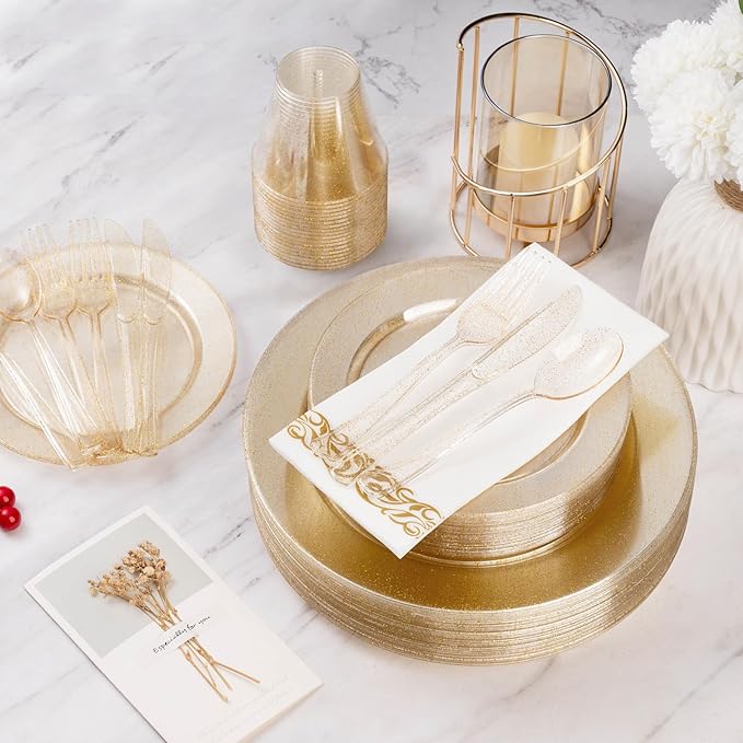 Goodluck 175 Pieces Dinnerware Set for 25 Guests, Plastic Plates Disposable for Party, Include: 50 Gold Glitter Plastic Plates, 25 Paper Napkins, 25 Cups, 25 Gold Glitter Silverware Set