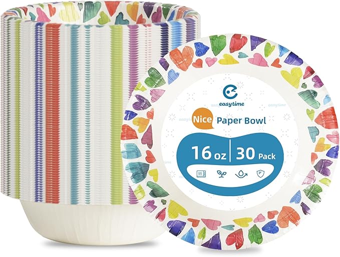 30 Pack Paper Bowls, 16 Oz Disposable Soup Bowl, Heavy Duty Printed Disposable Bowls Bulk For Snacks, Dessert, Breakfast, Lunch And Dinner Meals (Heart Pattern)