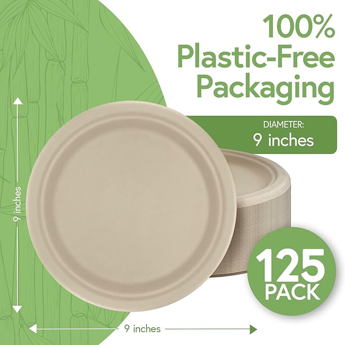 Jenvita Bamboo Paper Disposable Plates with Compartment (125-Pack, 9-inch) - Sturdy & Microwave Safe | Disposable Sectioned Plates | PFAS Free, Biodegradable | FSC Certified Alternative to Plastic