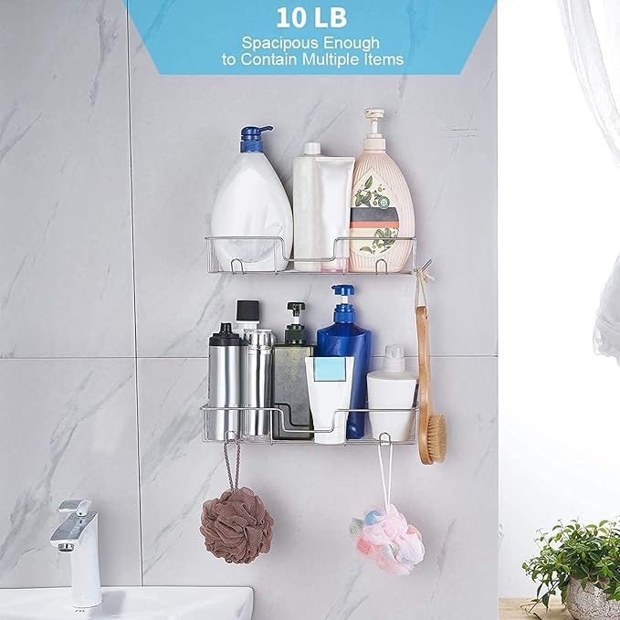 Shower Shelf with Hooks,No Drilling Adhesive Shower Shelf for Bathroom Storage,Rustproof Shower Organizer