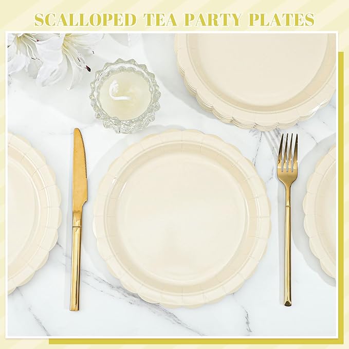 NatNarr 30 Pcs Ivory Paper Plates 9 Inch Disposable Scalloped Cream Plates Cute Beige Dessert Cake Plate Party Dinner Plate for Baby Shower, Wedding, Bridal Shower