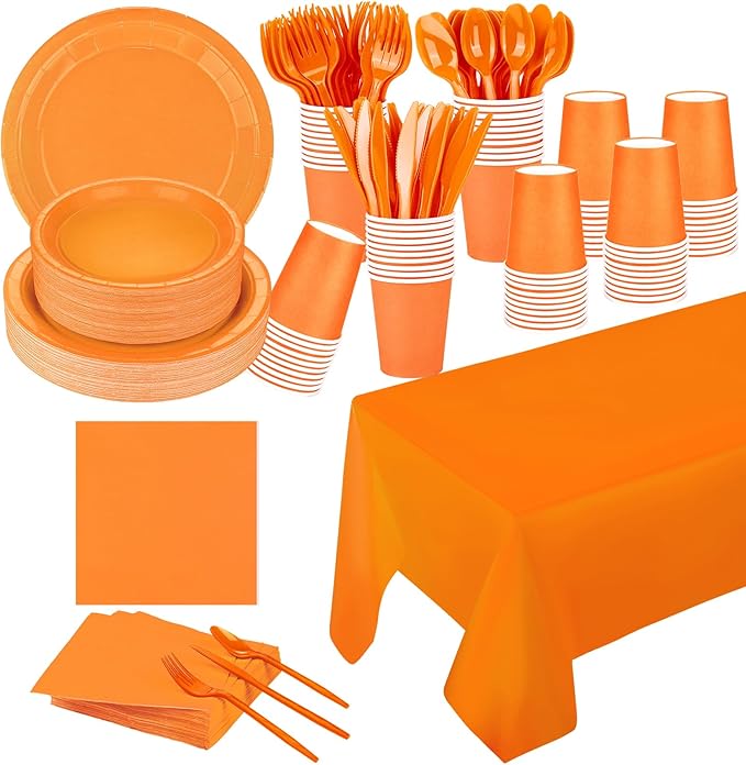 229PCS Orange Party Supplies Set Paper Disposable Plates Cups Plastic Spoons Forks Knives Orange Napkins for 30 Guests Disposable Party Dinnerware Sets for Wedding Birthday Parties