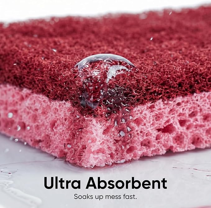 Non-Scratch Cellulose Sponge Kitchen Scrub Sponge with Scouring Pad Set, Good for Non-Stick Cookware Frying Pan, Pot, Counter Top, Sink Scrubbing, Kitchen Scrubbers, Pack of 1, Red/Pink