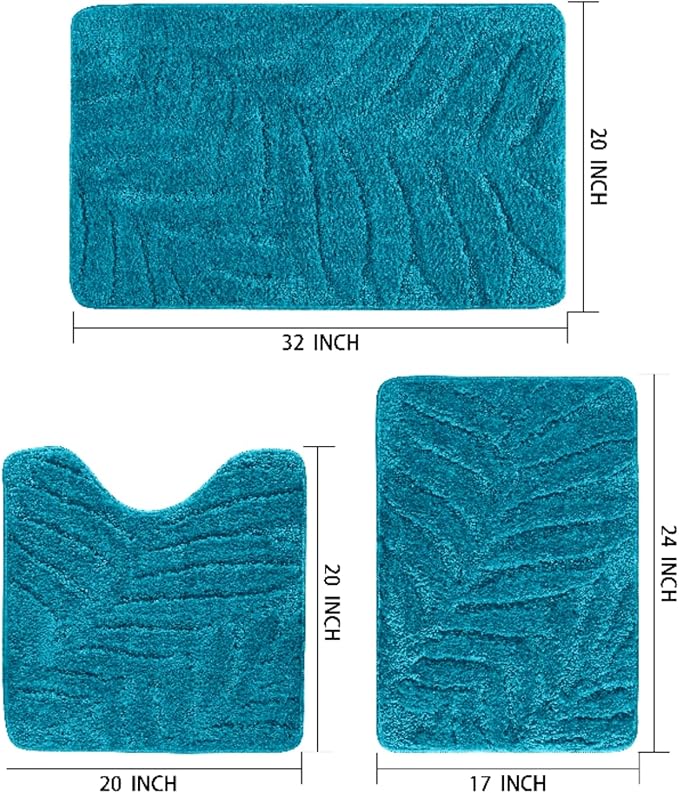 Bath Rugs Set 3 Pieces Bathroom Mat Soft Absorbent Plush Shaggy Soft Floor Non Slip Shower Bath Tub Machine Washable (Teal-Leaf, 20"x32"/20"x20"/17"x24")