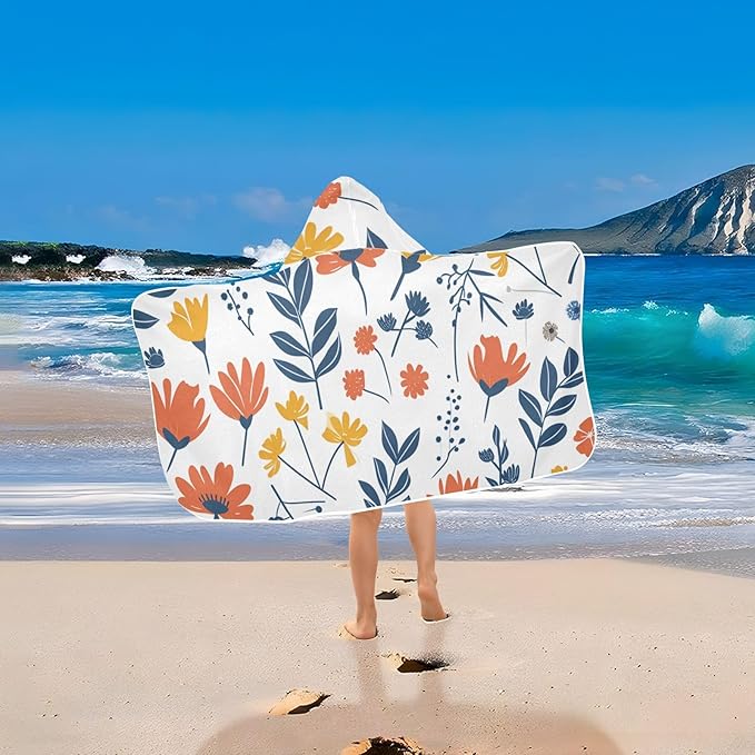 Hooded Towel for Kids Doodle Cute Flowers Beach Wrap Bath Towels 50x23.5in