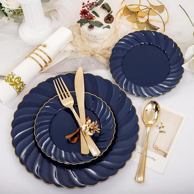 YOUBET 150PCS Blue Plastic Plates - Gold Plastic Silverware - Heavy Duty Navy Blue Disposable Plates include 50 Plates, 25 Forks, 25 Knives, 25 Spoons, 25 Napkins for Wedding Birthday Parties