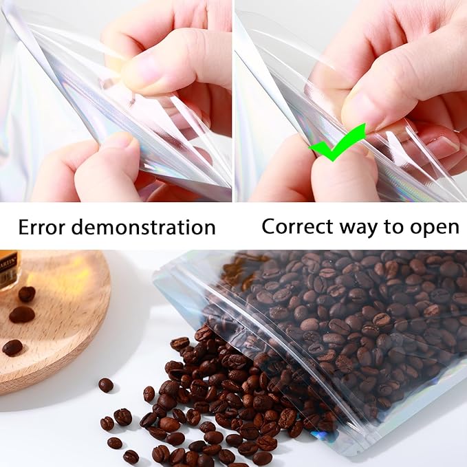 150 Pcs Mylar Bags for Food Storage, 4x6 Mylar Bag with Window Stand Up, Small Holographic Resealable Bags Smell Proof Bag Food Packaging for Small Business Freeze Dried Candy Jewelry Foil Packaging