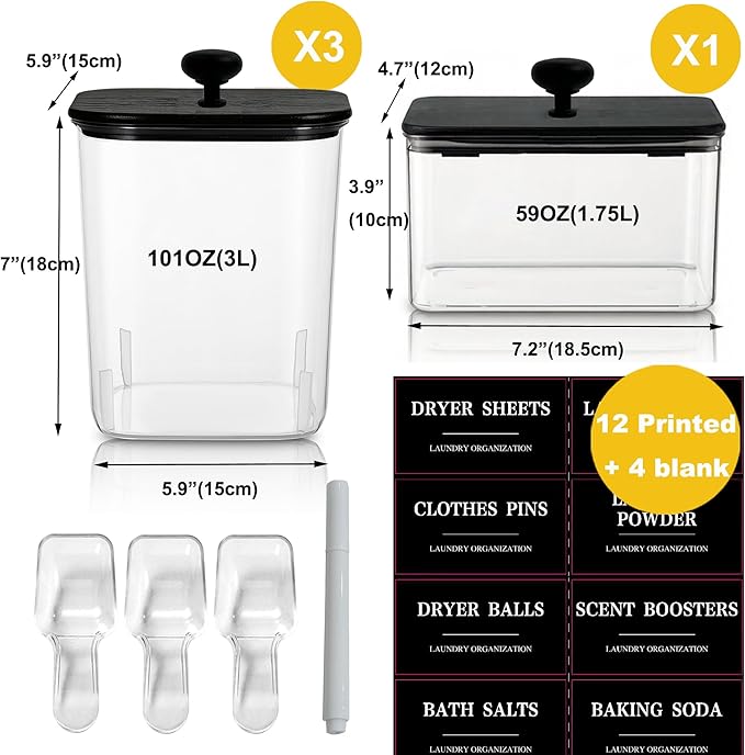 Laundry Detergent Pods Container & Dryer Sheet Holder with Lid, Clear Laundry Detergent Powder Dispenser with Labels, Plastic Laundry Containers for Organizing Laundry Room Organization and Storage