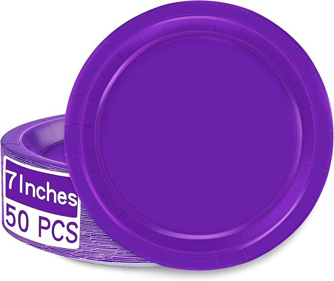QZYL Paper Plates 7 Inches 50 Count, Disposable Plates Heavy Duty, Purple Party Dessert Plates, Disposable Paper Dinnerware, Small Paper Plates for Birthday Halloween Graduation Bridal Party Supplies