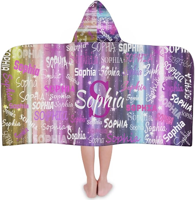 Custom Kids Hooded Bath Towel with Name, Personalized Name Hooded Towel for Boys Girls, Customized Beach Towel Gift for Children, 24" x 50", Purple Yellow Stripes with Stars