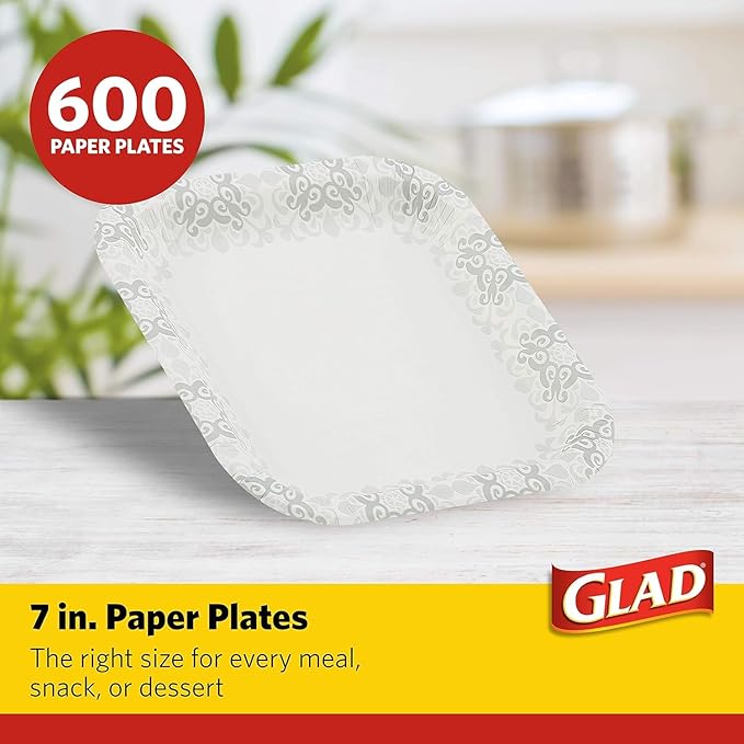 Glad Square Heavy Duty Paper Plates, Soak Proof and Cut Proof Disposable Plates for Parties and Everyday Meals, Microwaveable for Easy Serving, Grey Victorian Pattern, 7 Inch, 50 Count - 12 Pack