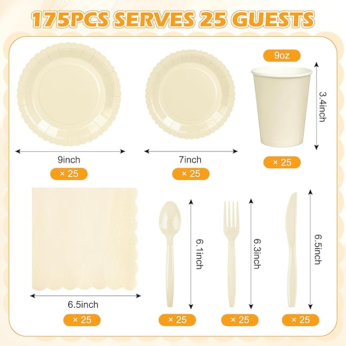 175 PCS Ivory Paper Plates and Napkins Tableware Set, Ivory Party Supplies for 25 Guests Include Scalloped Plate Paper Napkins Cups Knife Fork Spoon for Baby Shower, Birthday, Wedding