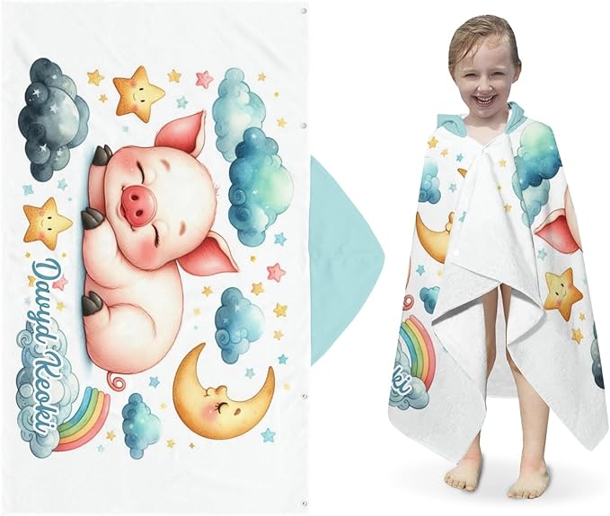 Pig on Clouds Personalized Kids Hooded Towel with Name Soft Absorbent Beach Pool Bath Towels Hood Poncho for Boys Girls