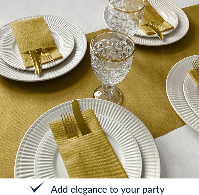 PAW - Linen Feel Napkins with Built-in Flatware Pocket, Elegant Paper Pre-Folded Napkins for Silverware, Wedding Party, Dinner, Birthday, Gatherings, Monocolor Gold, 50 Count