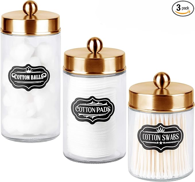Apothecary Jars 3 Pack - Glass Bathroom Containers with Stainless Steel Lids - Rustic Farmhouse Decor Bathroom Accessories, Vanity Organizer Apothecary Jars for Qtip/Cotton Balls (Gold)