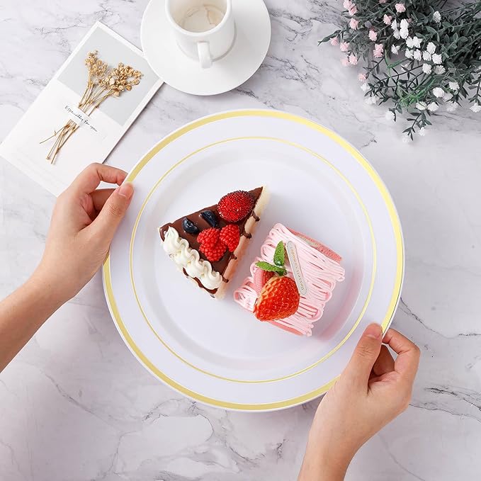 BESTVIP 50PCS 7 Inch Gold Plastic Plates, Small Disposable Dessert Plate with Gold Rim, Small Heavy Duty Disposable Plastic Plates for Party, Wedding and Birthday