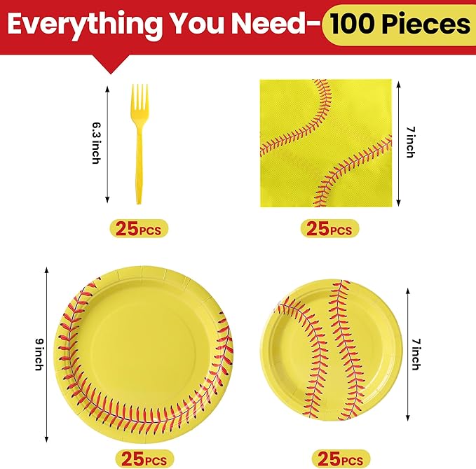 100 Pcs Softball Party Supplies for 25 Guests, Heavy-Duty 7" & 9" Paper Plates, 2-Ply 13" Napkins & Plastic Forks, Disposable Softball Themed Tableware Set for Game Day and Birthday