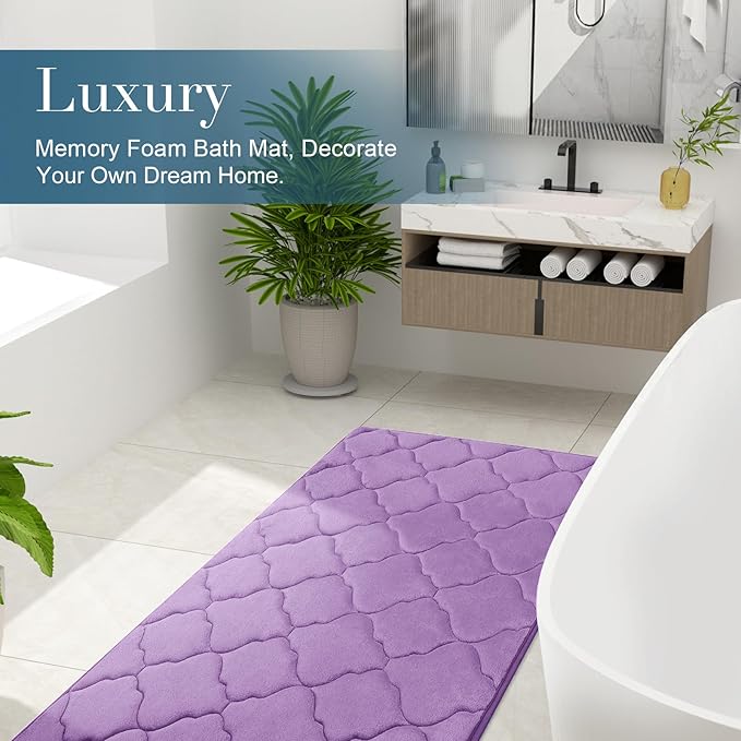 OLANLY Memory Foam Bath Mat Rug 70x24, Ultra Soft and Absorbent Bathroom Rugs, Non-Slip, Comfortable, Machine Washable Bath Carpet for Bathroom Floor, Tub, Shower and Home Decor Accessories, Lavender